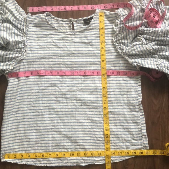 Blue White Stripe 100% Cotton Blouse Ruffle Sleeve - Picture 7 of 8